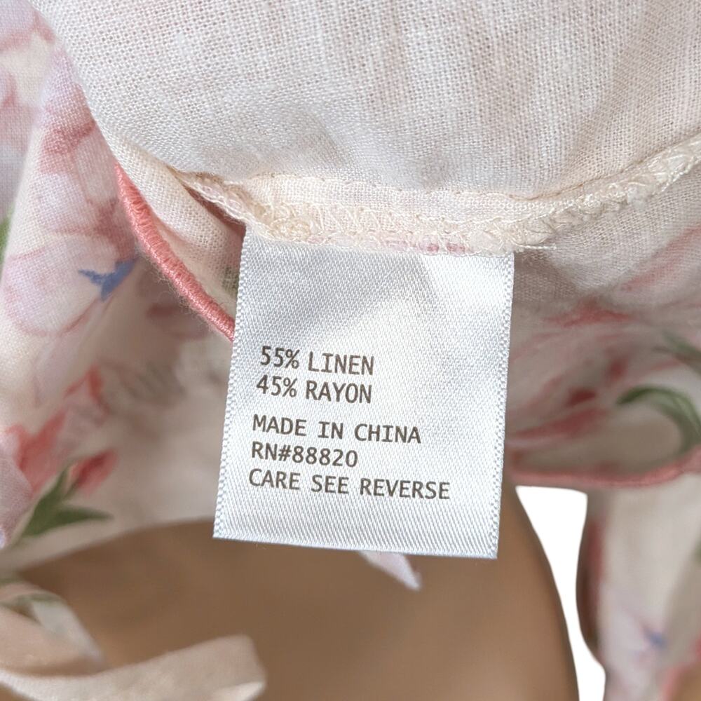 Laura Ashley Ivory Pink Floral Linen Blend Tie-Front Blouse Scalloped Hem XS - Picture 11 of 12